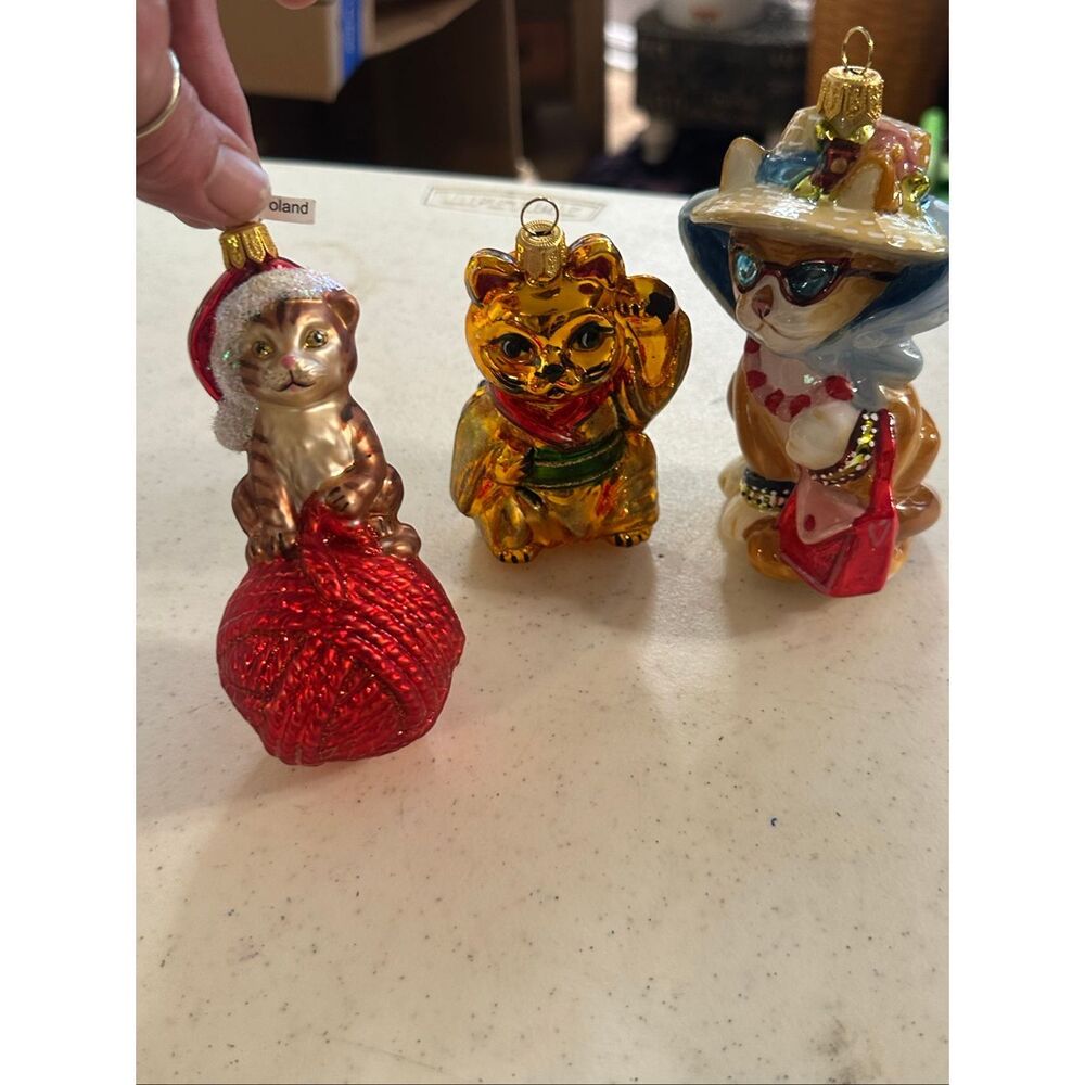 Holiday Christmas Cat Kitten Blown Glass Ornaments Set of 3